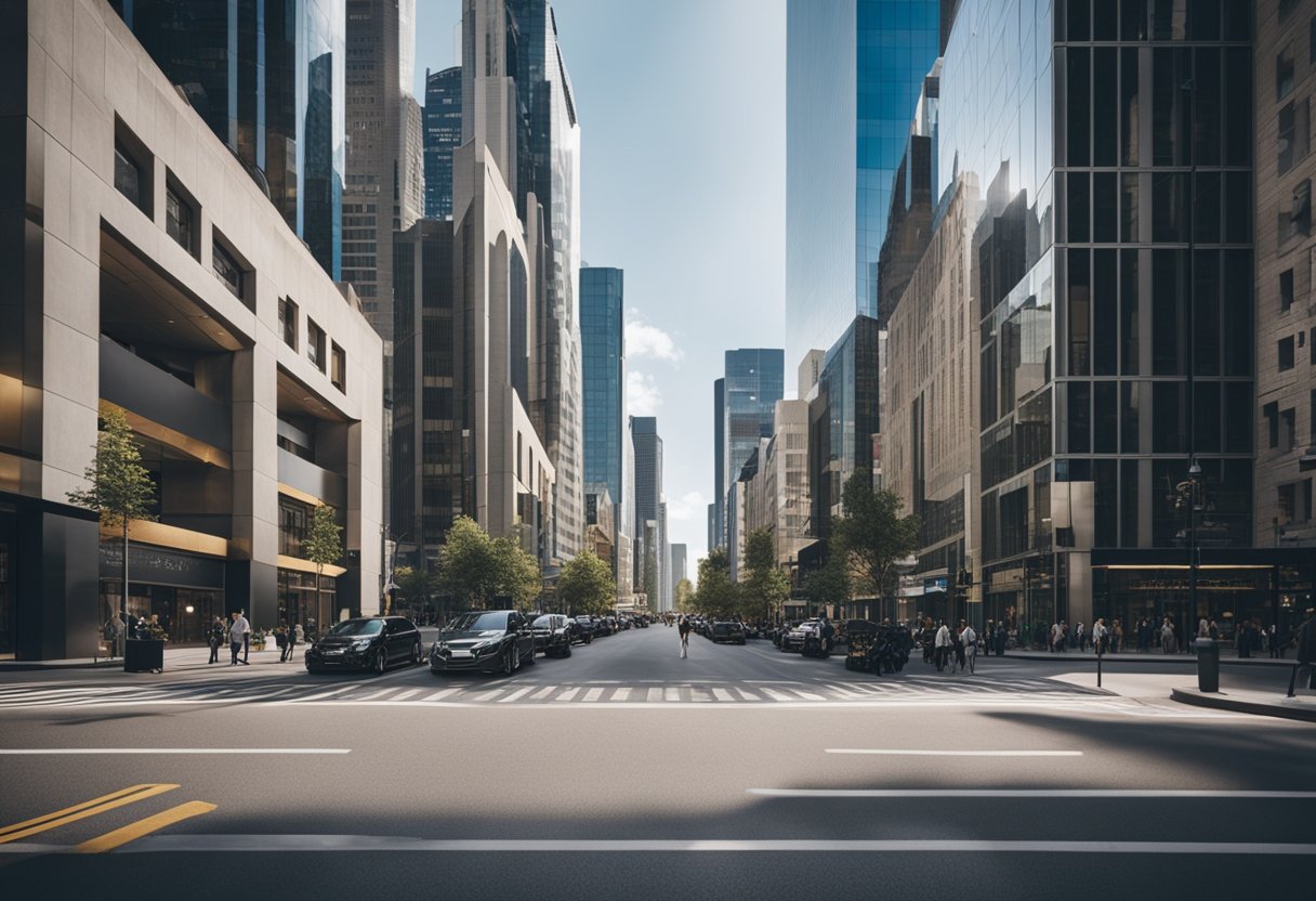 A bustling city street with modern office buildings and storefronts, surrounded by busy professionals and business owners