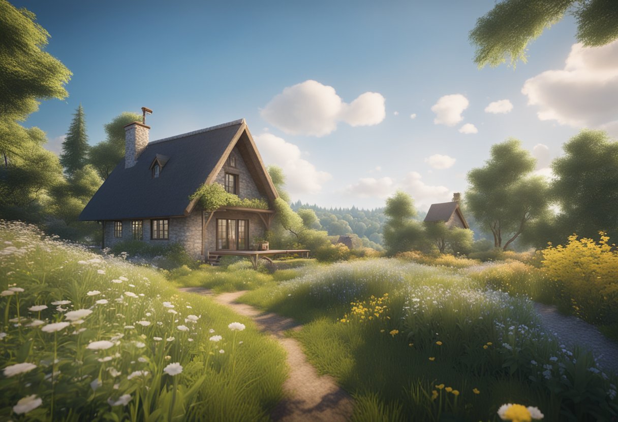 A serene countryside with a small, cozy cottage surrounded by lush greenery and wildflowers, with a clear blue sky overhead benefits of a simple life 