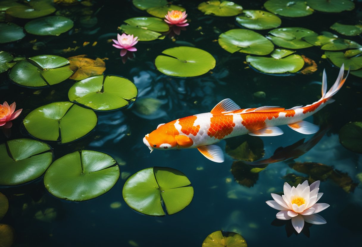 A vibrant, shimmering koi fish swims gracefully in a crystal-clear pond, surrounded by lush greenery and delicate water lilies. Its scales glisten with hues of gold, platinum, and deep crimson, embodying the epitome of luxury and opulence