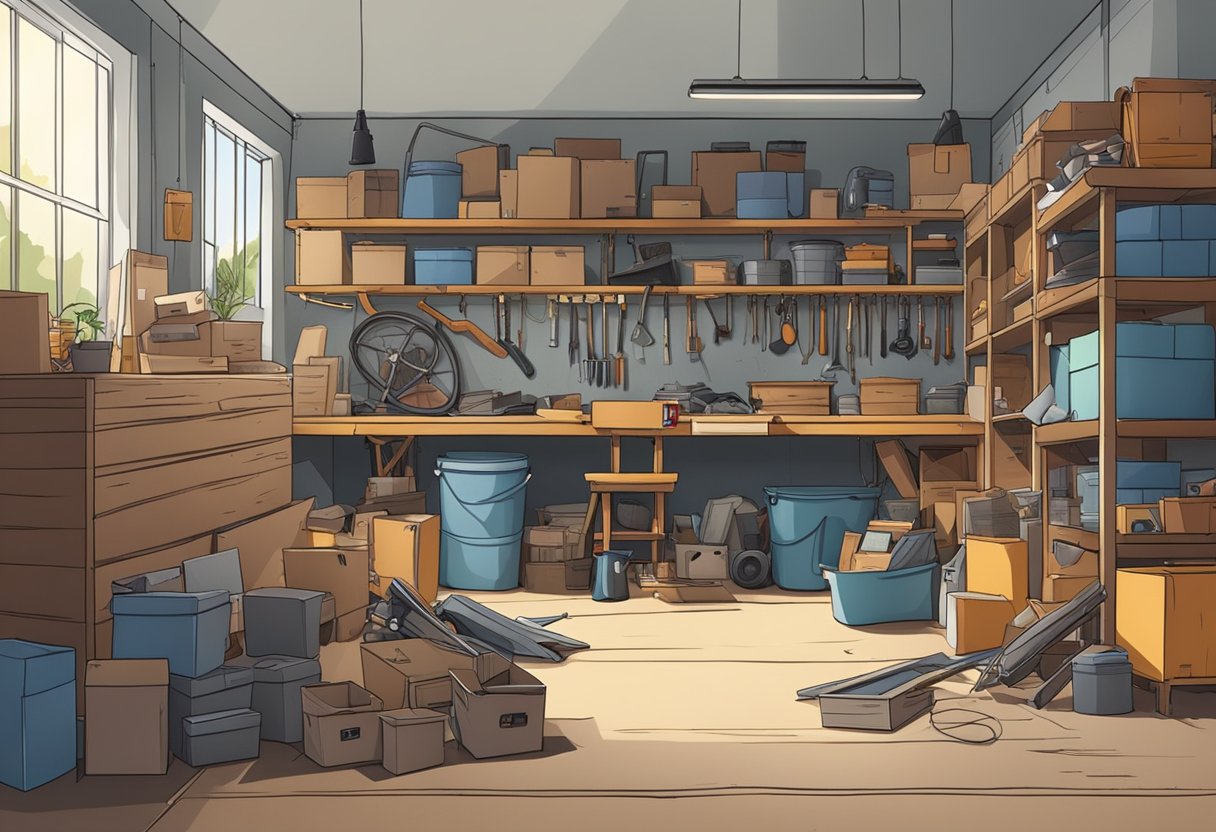 A cluttered garage with boxes, tools, and old furniture piled up. Dusty shelves and cobwebs cover the space