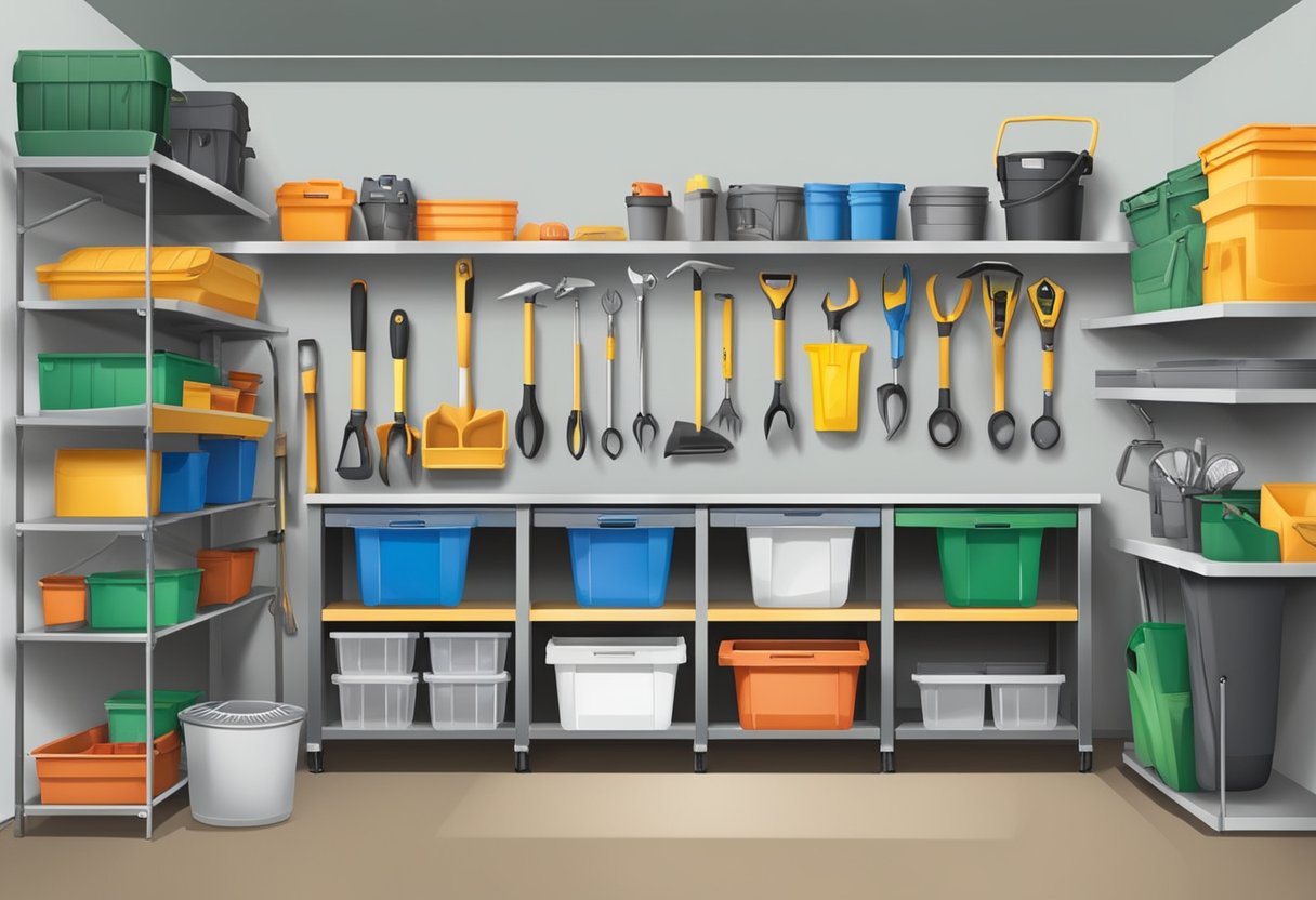 A neatly organized garage with labeled bins, wall-mounted tools, and shelving for sports equipment and gardening supplies