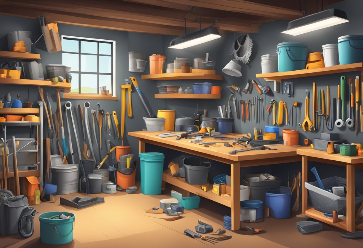 A cluttered garage with tools and equipment strewn about, shelves and storage bins in disarray