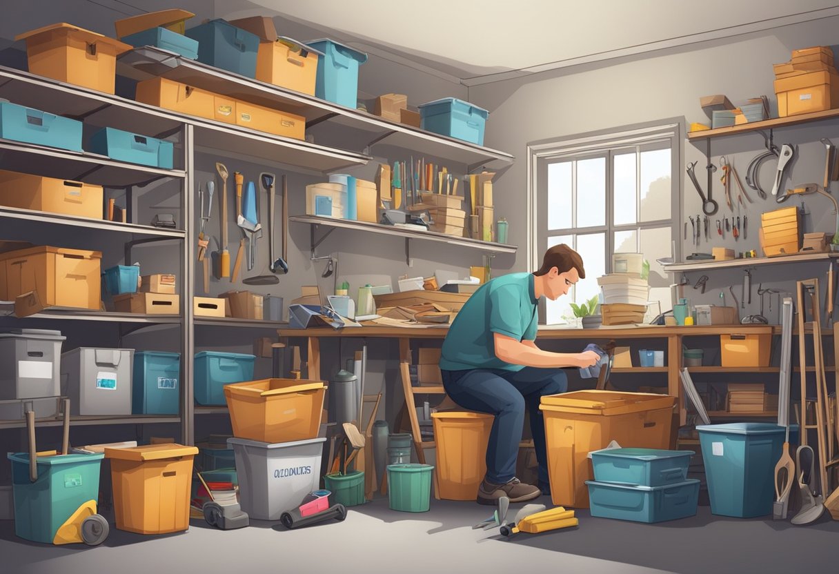A cluttered garage with tools, boxes, and old furniture. A person sorting and organizing items into labeled bins and shelves