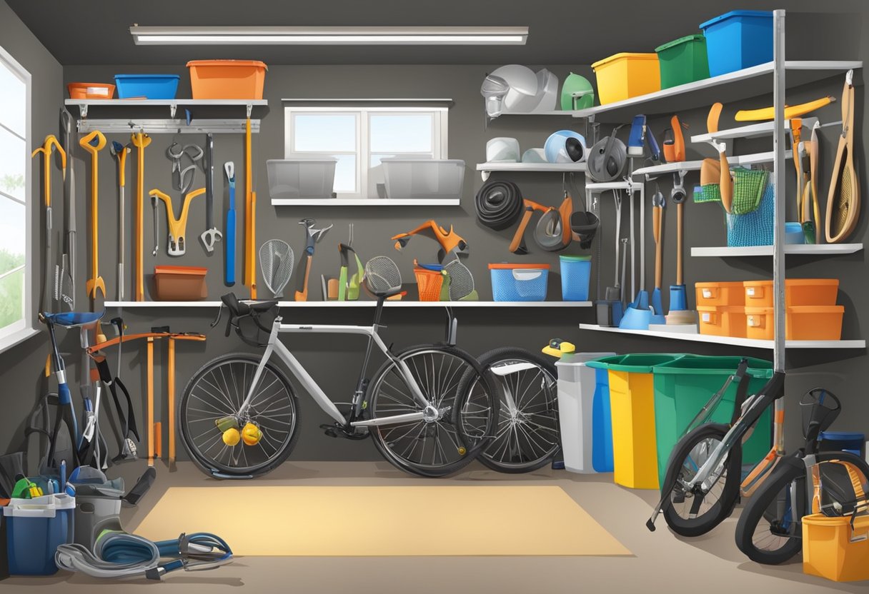 A cluttered garage with shelves, bins, and hooks organizing tools, sports equipment, and household items