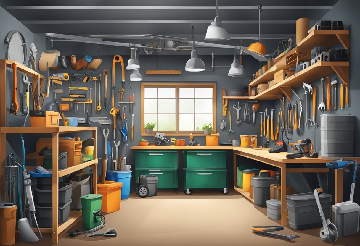 A cluttered garage with various storage options including shelves, cabinets, and hooks for tools and equipment