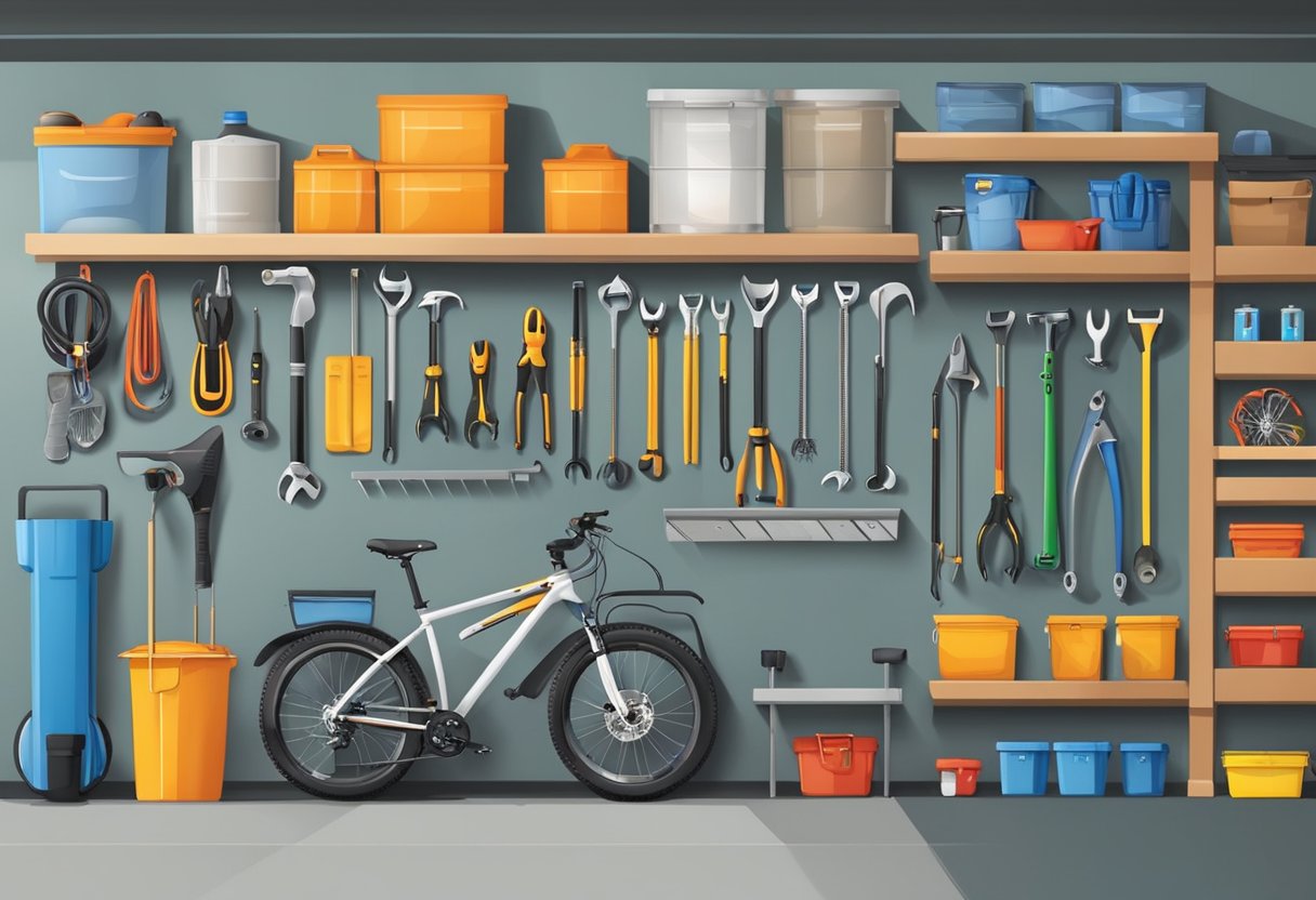 A garage wall with neatly organized shelves, hooks, and bins holding various tools, sports equipment, and household items