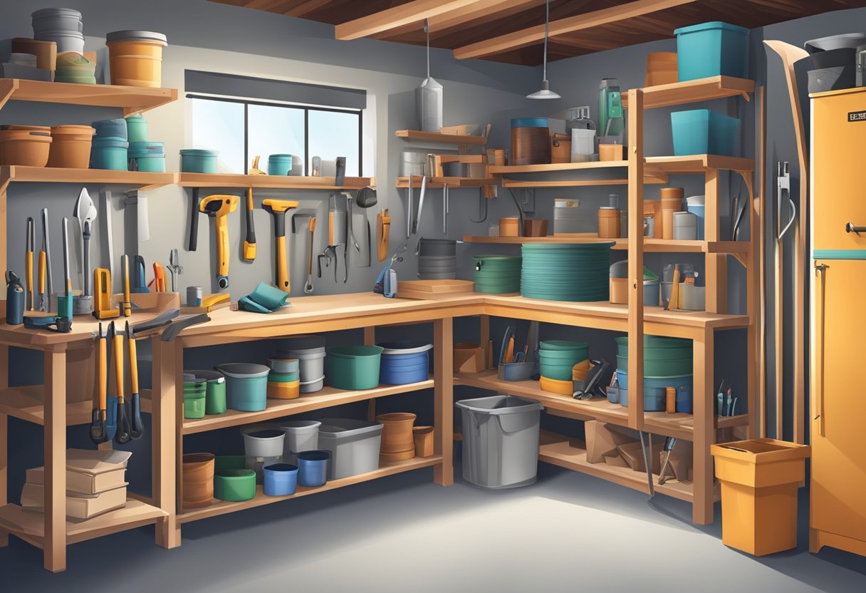 A cluttered garage with tools and materials, shelves being assembled, and a neatly organized storage system taking shape