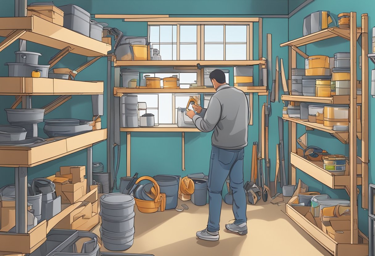 A person assembling freestanding shelves in a cluttered garage using DIY methods