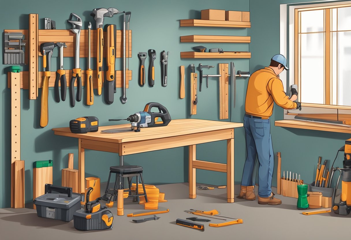 A person installs wooden shelves on a garage wall, using a drill and level. Tools and hardware are scattered around the workspace