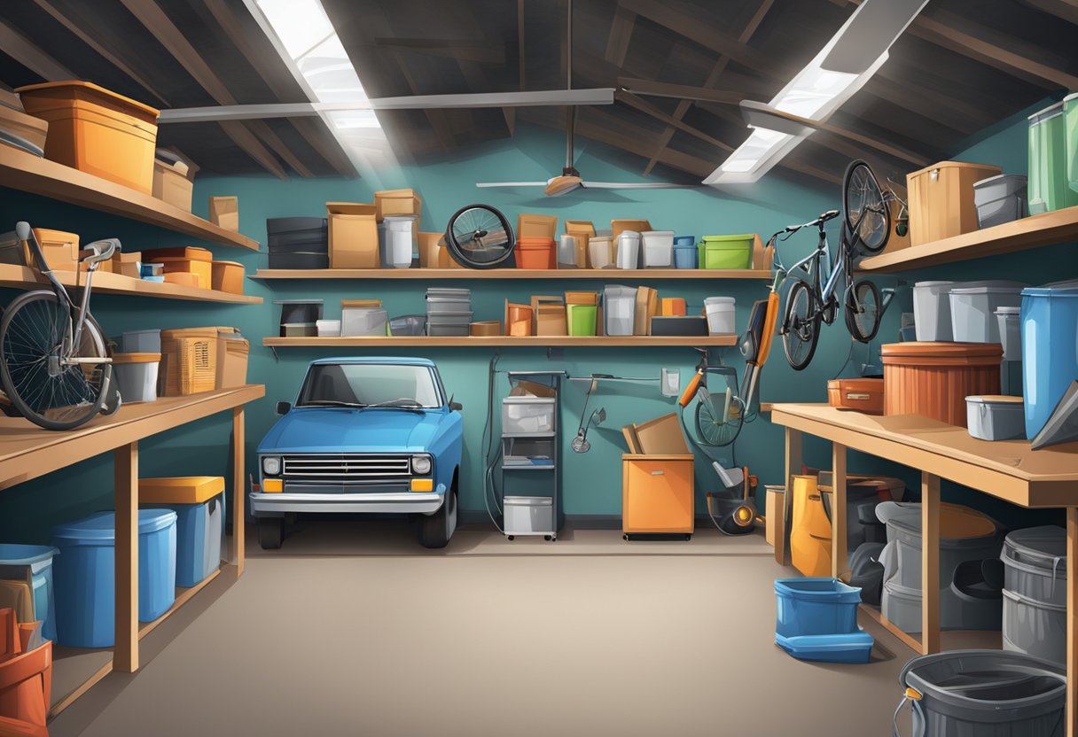 A cluttered garage with overhead and specialized storage shelves