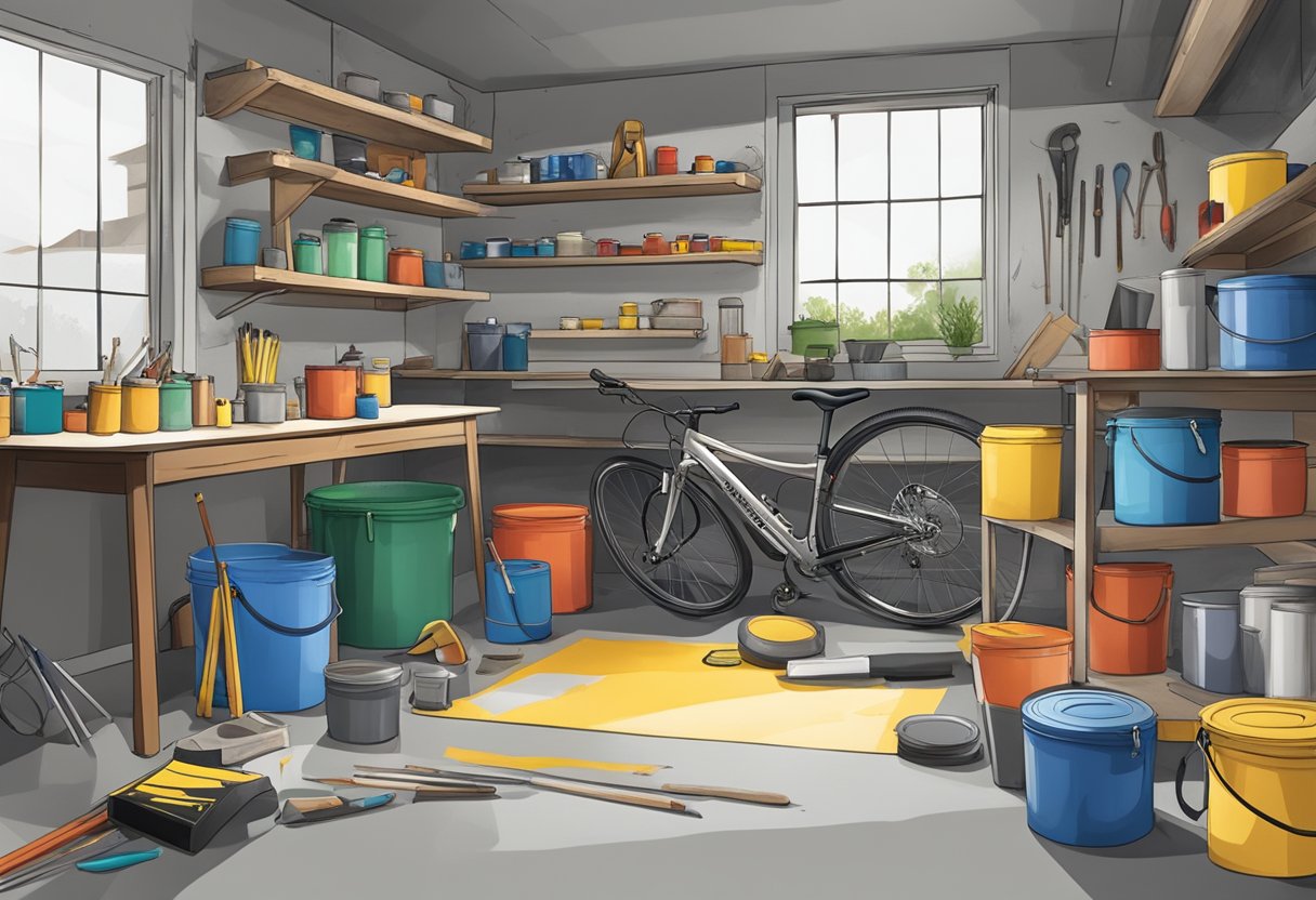 A cluttered garage with tools, paint cans, and a worn concrete floor. A tape measure and design sketches lay nearby