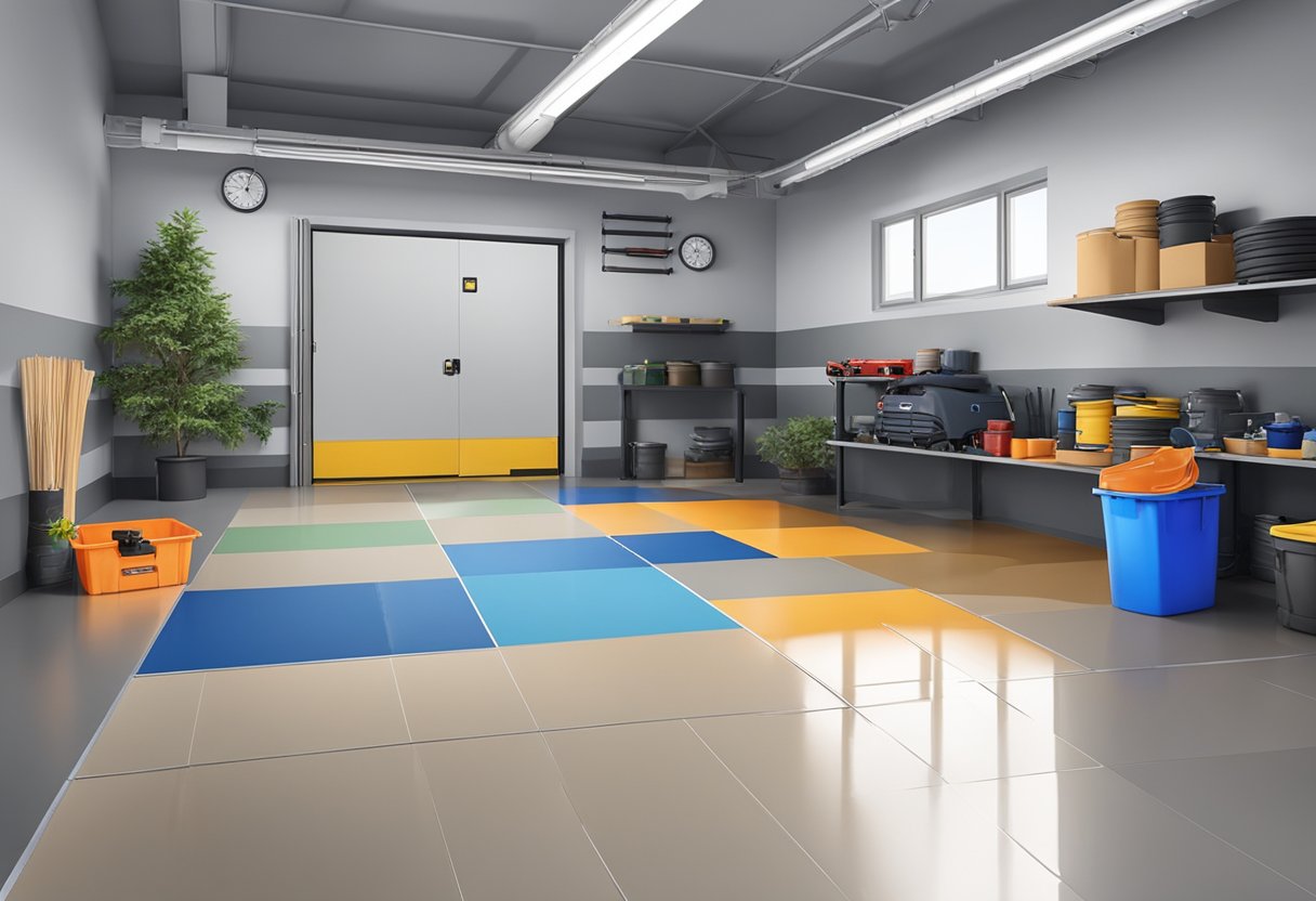 A garage floor being transformed with various flooring options, including epoxy coating, interlocking tiles, and rubber mats