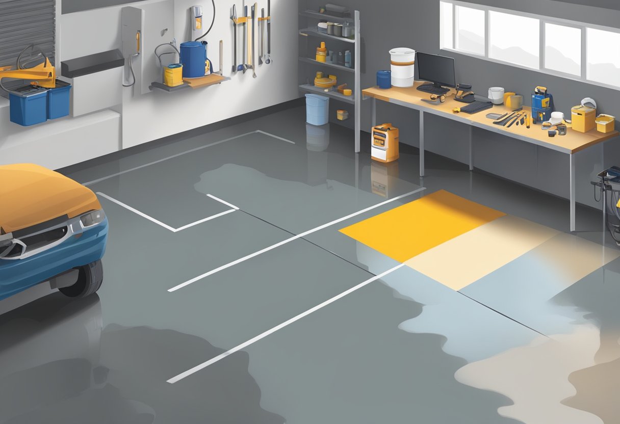A garage floor being transformed with epoxy application techniques