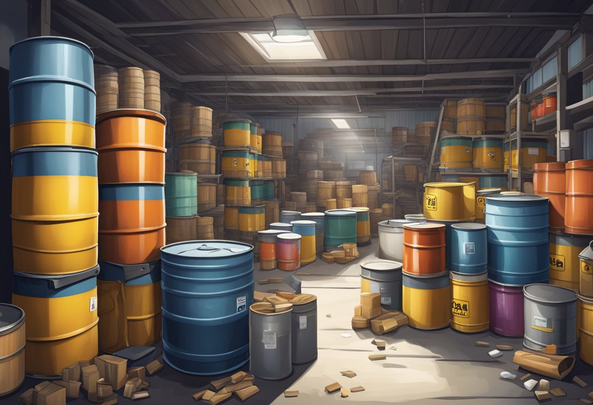 A cluttered garage filled with barrels, crates, and containers of hazardous materials stacked haphazardly. Caution signs and protective gear scattered around
