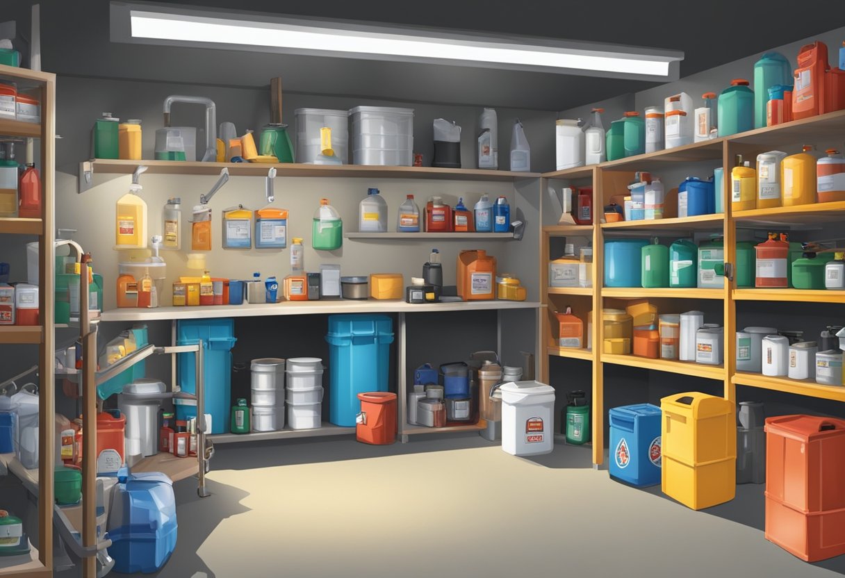 A cluttered garage with various hazardous materials stored in labeled containers. Cabinets, shelves, and lockers hold chemicals, flammables, and other dangerous substances