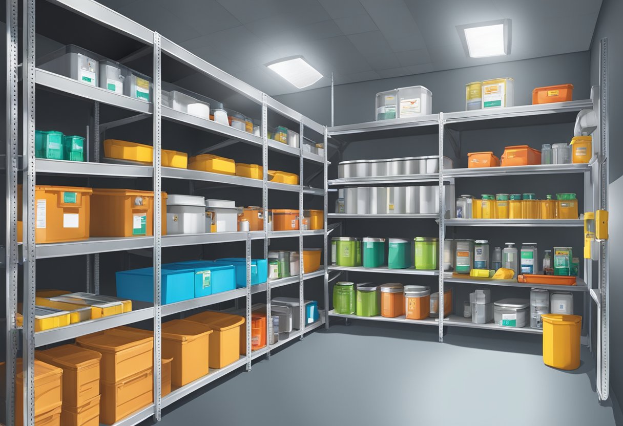 A well-organized storage area with clearly labeled containers for hazardous materials. Shelves and cabinets hold various items, with proper ventilation and safety equipment visible