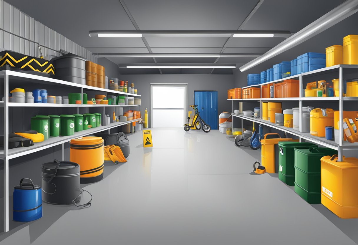 A garage filled with safety equipment and hazardous material storage