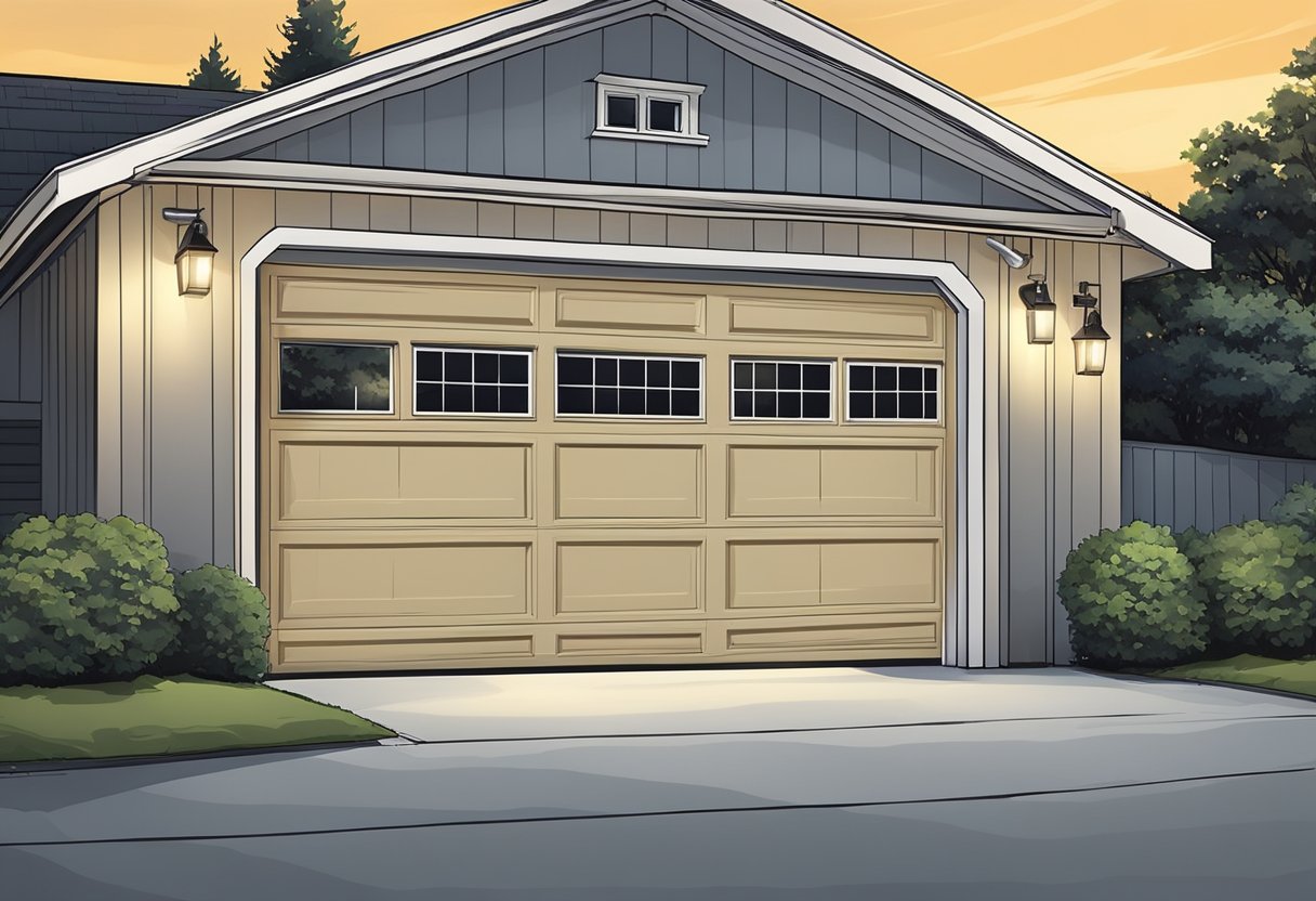 A garage door opening automatically as a car approaches, with lights turning on and security system disarming