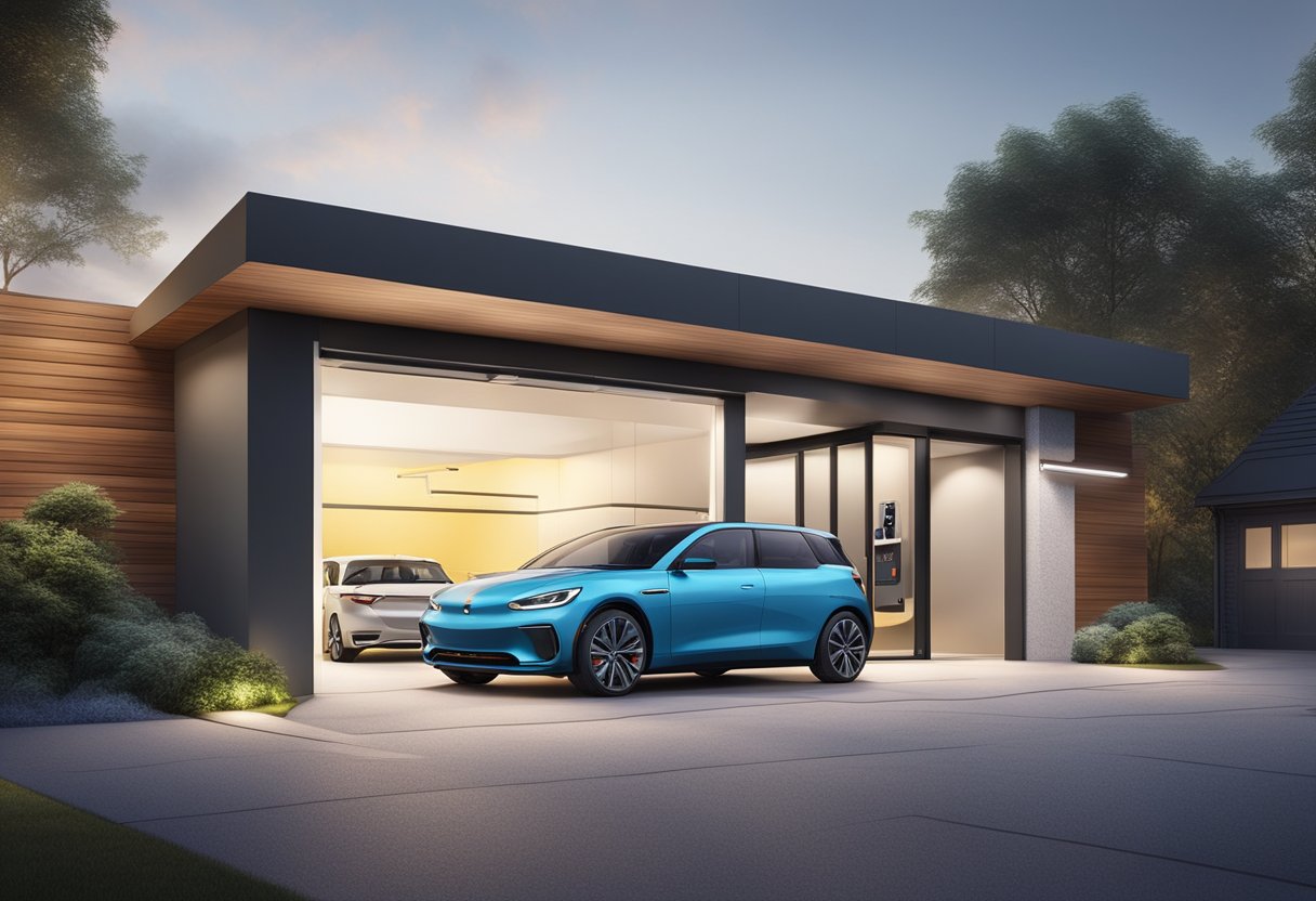 A modern garage with a smartphone-controlled door opener, smart lighting, and a connected car charging station