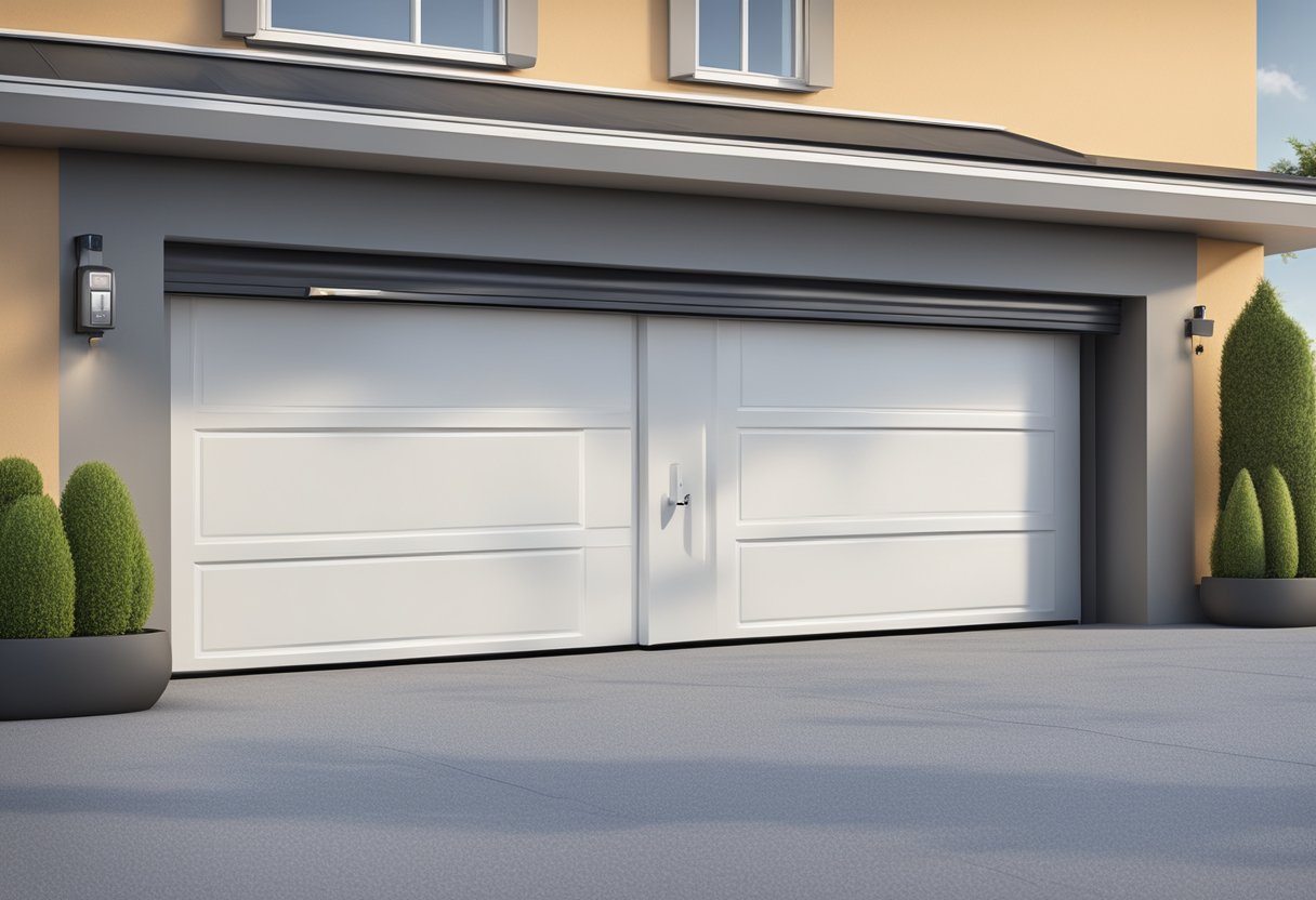 A modern garage door opens automatically as a car approaches, with lights and security system activating