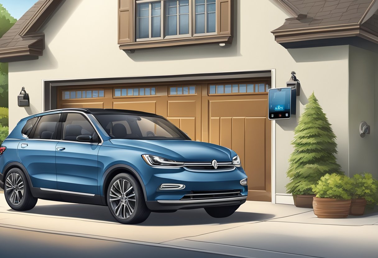A smartphone app controls a smart garage door opening as a car approaches