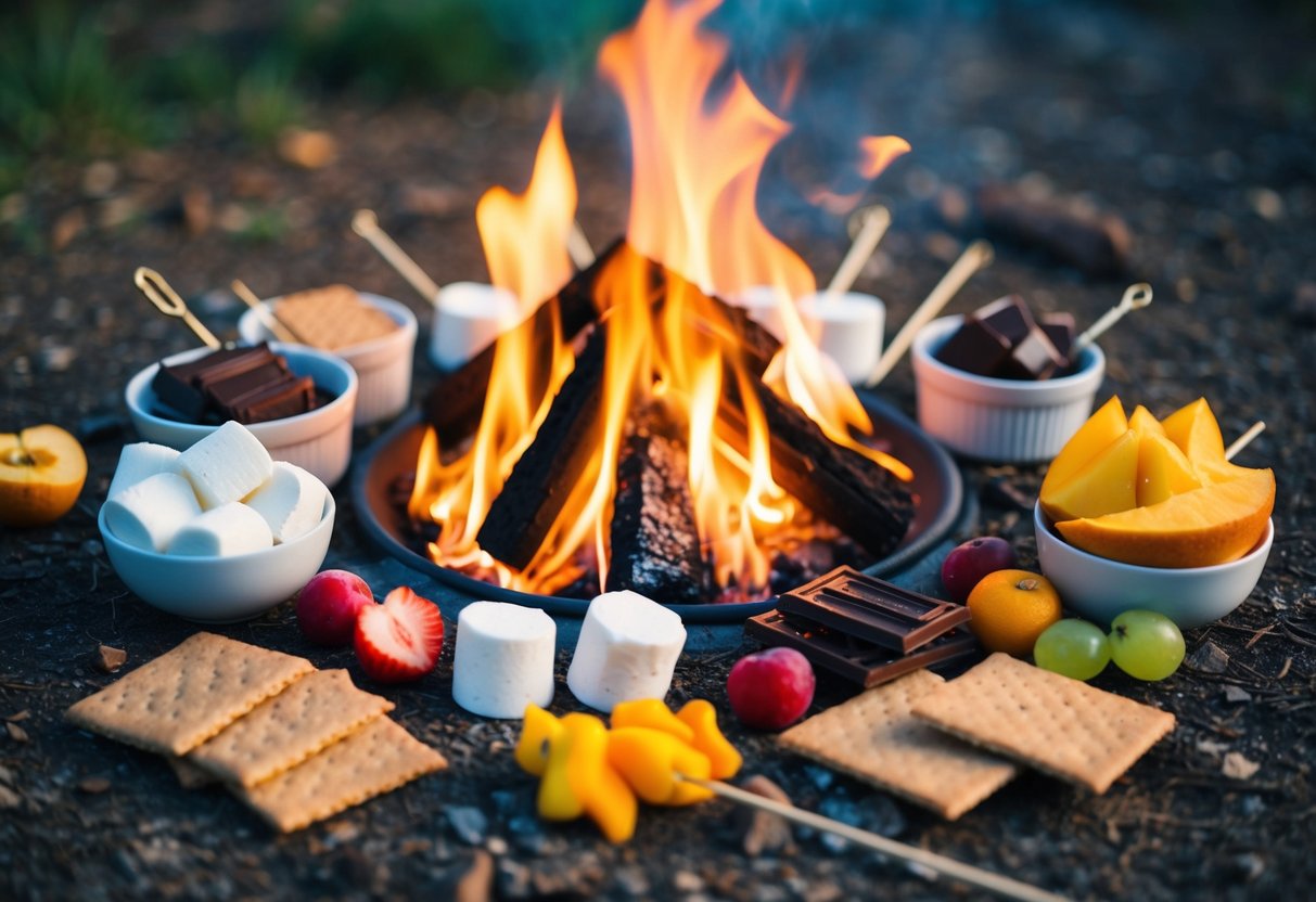 A campfire surrounded by various dessert ingredients and tools, including marshmallows, chocolate, graham crackers, fruit, and skewers