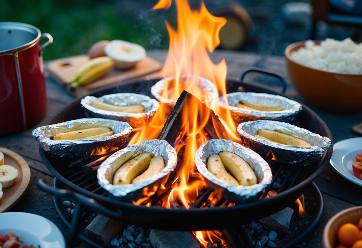 A campfire with banana boats cooking in foil, surrounded by ingredients and a cozy outdoor setting