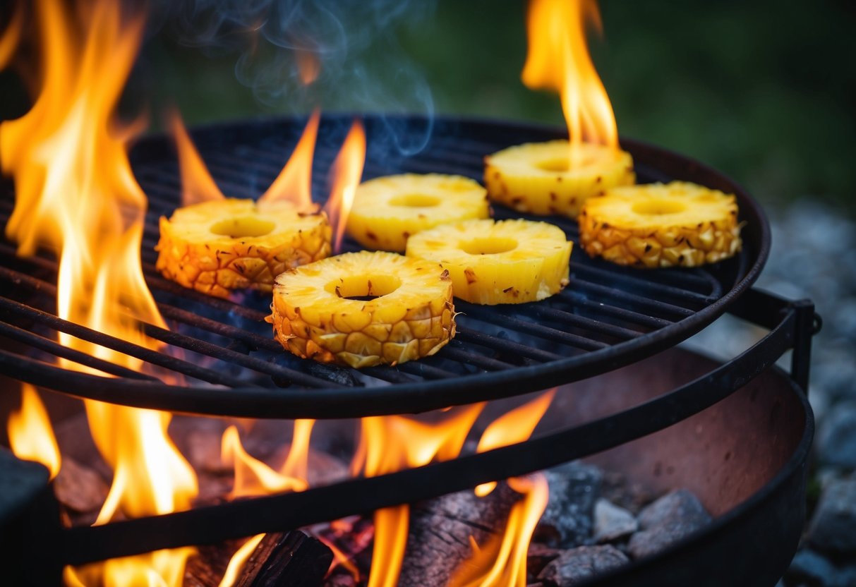 Golden pineapple slices sizzling on a campfire grill, surrounded by the warm glow of the flames and the flickering shadows of the night