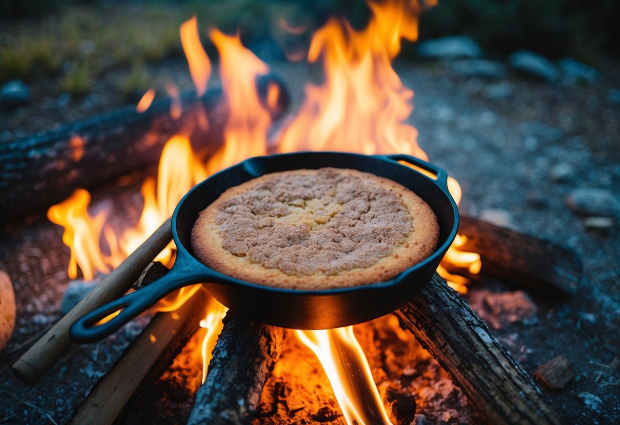 A rustic campfire with a cast iron skillet cake topped with cinnamon sugar, surrounded by the glow of the fire and the wilderness