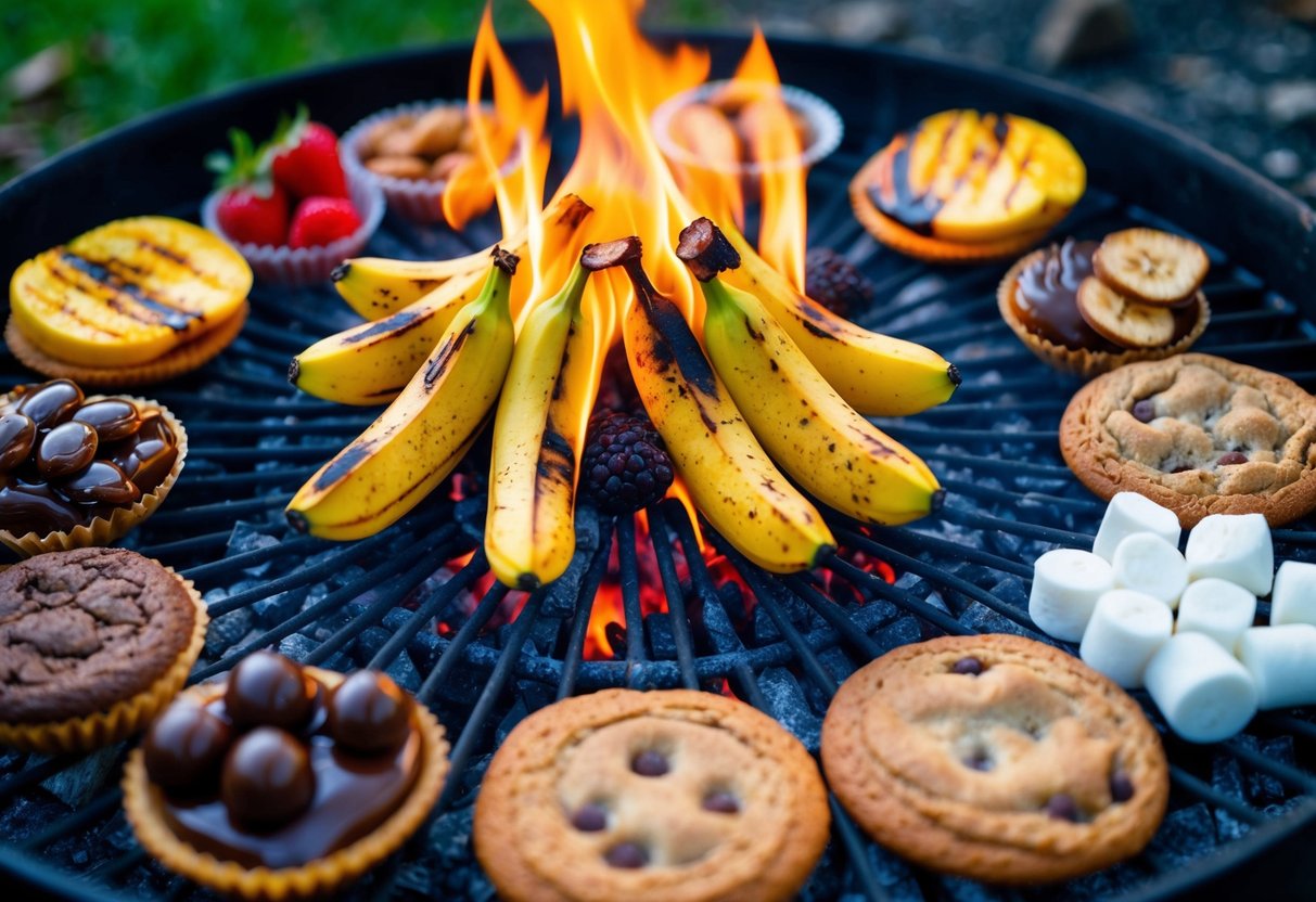 A crackling campfire surrounded by a variety of sweet treats, including grilled fruit, chocolate-filled bananas, and gooey marshmallow-stuffed cookies