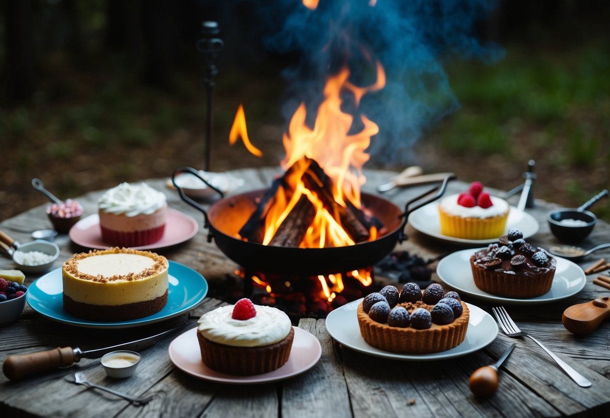 A campfire surrounded by various dessert ingredients and tools, with five different desserts displayed on a rustic wooden table