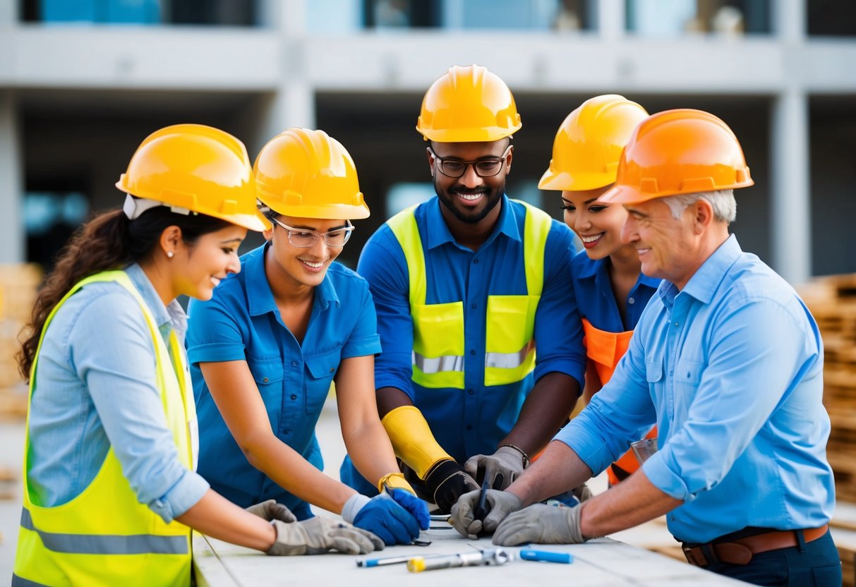 Un groupe diversifié de travailleurs de la construction travaillant ensemble sur un chantier, avec des hommes et des femmes de différentes ethnicités et âges collaborant de manière égale.