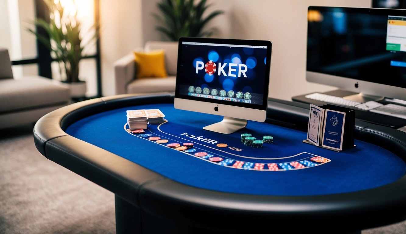 Sebuah meja poker dengan kartu, chip, dan komputer, dikelilingi oleh suasana yang nyaman dan modern