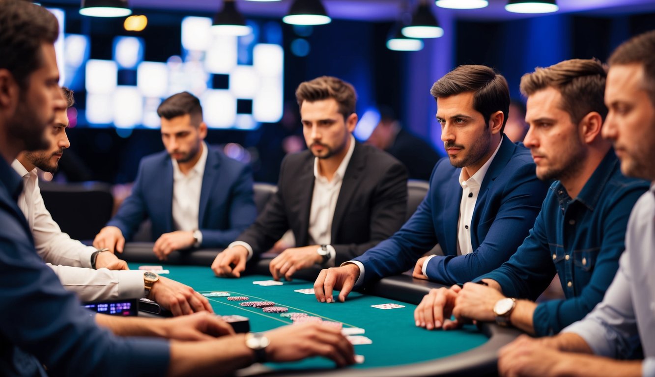 Sekelompok pemain terlibat dalam permainan poker dengan taruhan tinggi secara online, dengan fokus dan antisipasi yang intens terlihat di ekspresi mereka.