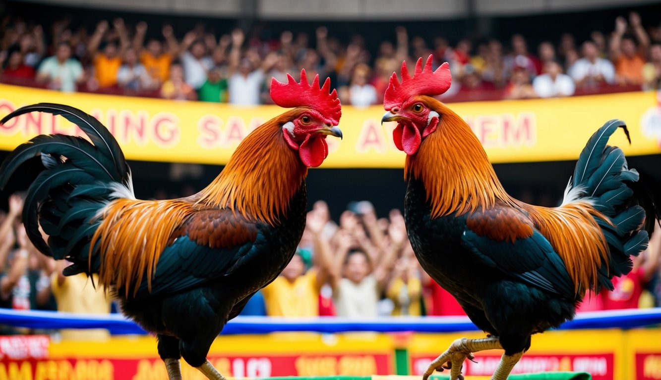 Dua ayam jantan berhadapan di arena sabung ayam online yang ramai, dikelilingi oleh penonton yang bersorak dan spanduk berwarna-warni di situs resmi.