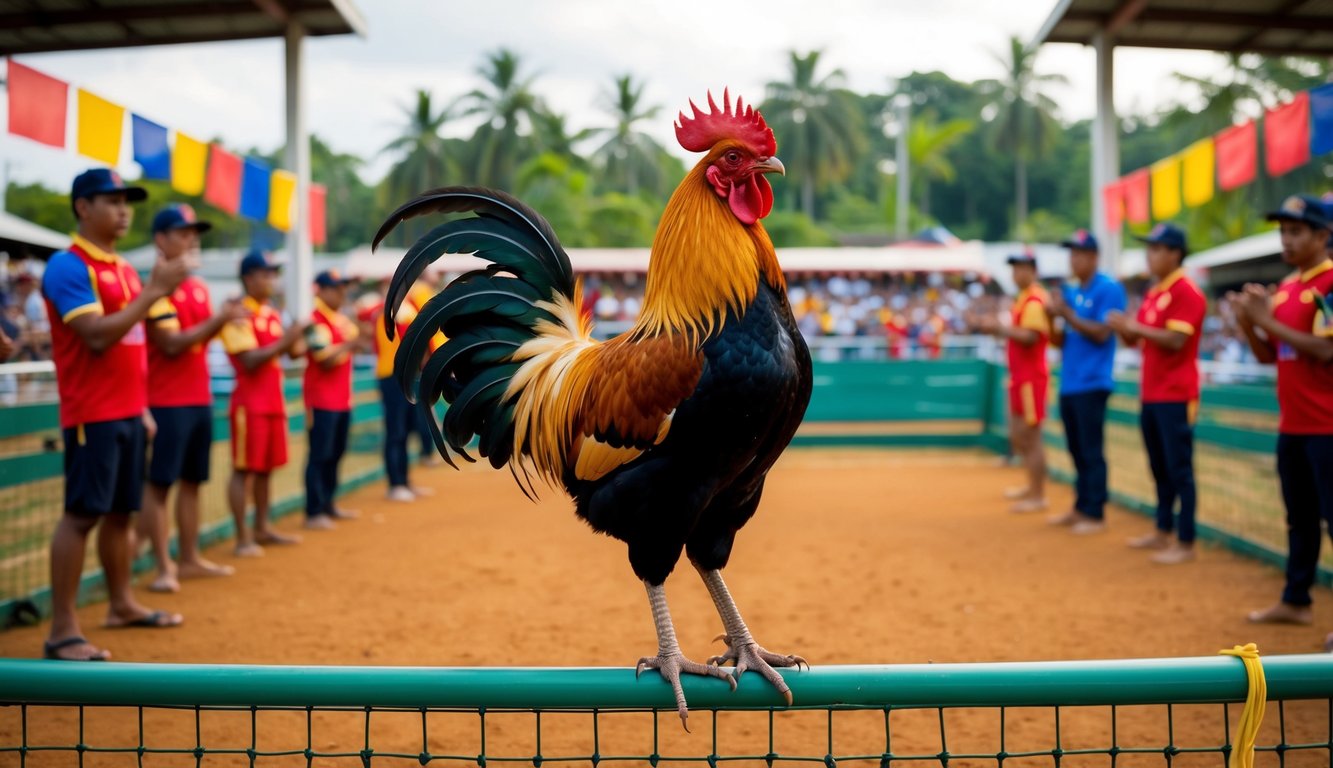 Seekor ayam jantan berdiri dengan bangga di arena yang dipagari, dikelilingi oleh penonton yang bersorak-sorai dan spanduk berwarna-warni, dengan dua tim lawan yang bersiap untuk pertandingan sabung ayam.