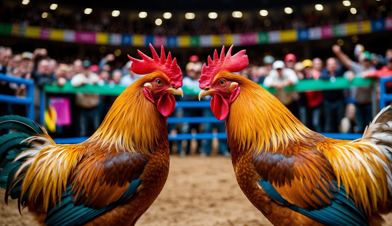 Dua ayam jantan berhadapan di arena yang ramai, dikelilingi oleh penonton yang bersorak dan spanduk berwarna-warni