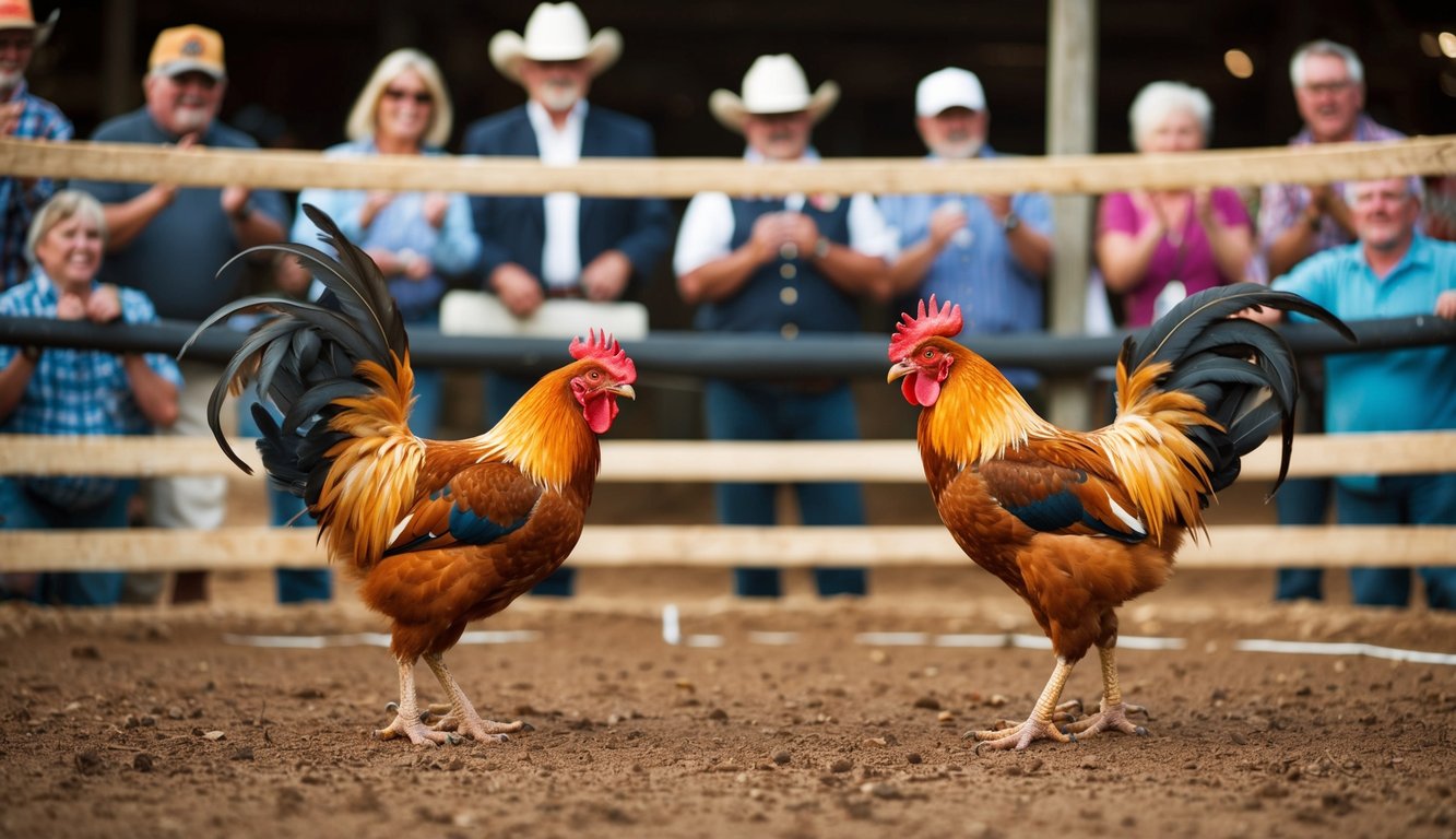 Dua ayam jantan berhadapan di arena tanah, bulu-bulu mengembang, paruh terbuka, siap untuk bertarung. Penonton mengelilingi arena, bersorak dan memasang taruhan.