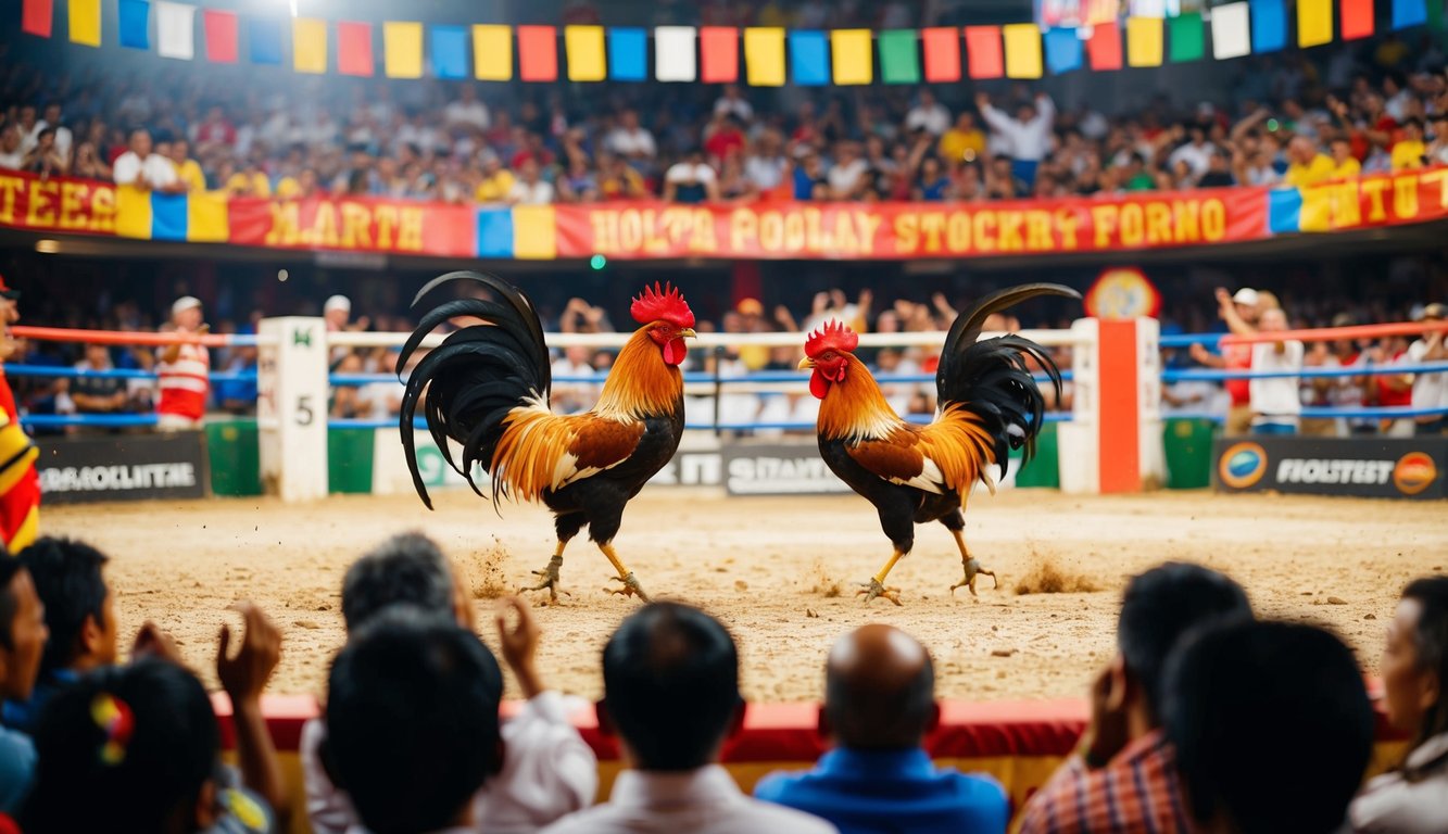 Sebuah arena yang ramai dengan ayam jantan bertanding, dikelilingi oleh penonton yang melakukan penampilan dan spanduk berwarna-warni