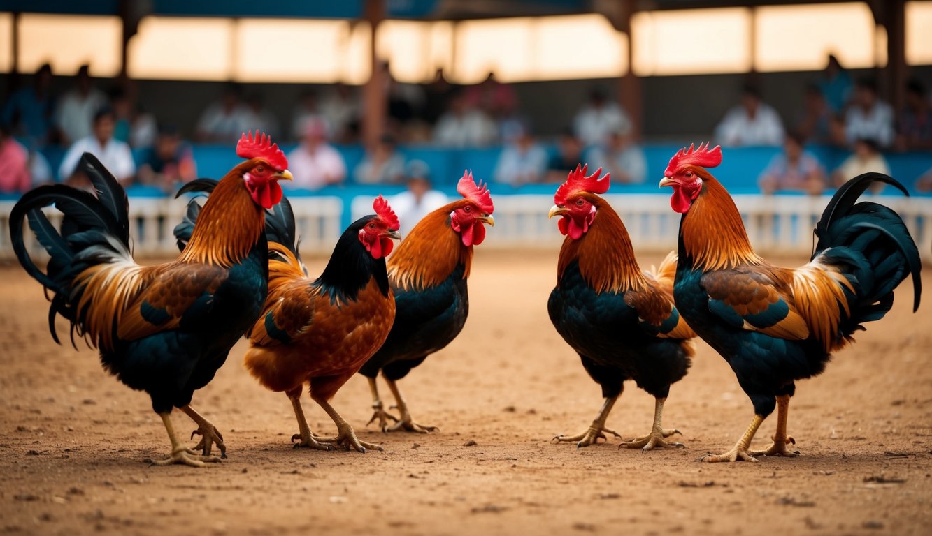 Sekelompok ayam jantan saling berhadapan di arena sabung ayam tradisional dengan penonton yang memasang taruhan kecil secara online