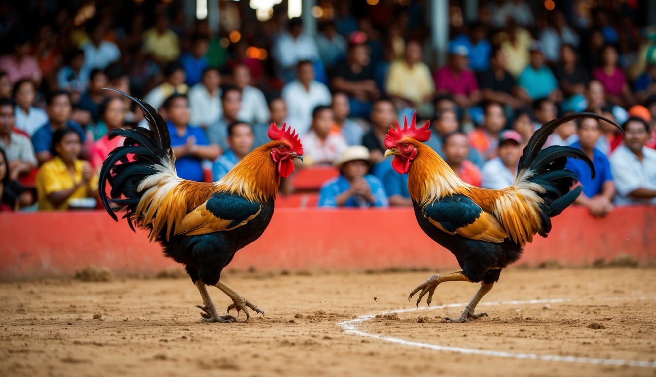 Sebuah arena yang ramai dengan ayam jantan yang saling berhadapan dalam pertandingan sabung ayam tradisional Indonesia. Para penonton bersorak dan memasang taruhan saat pertarungan yang intens berlangsung.