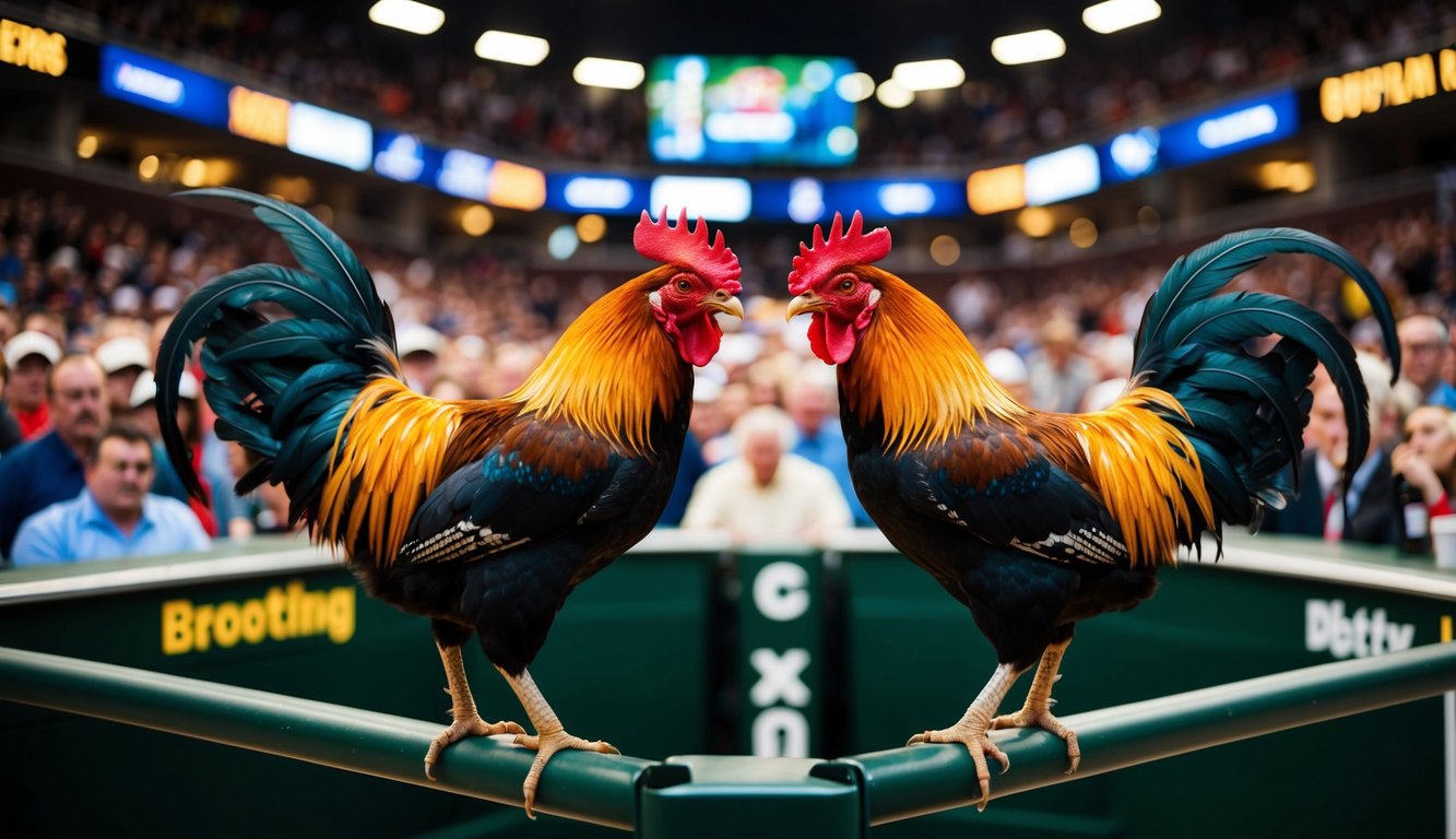 Dua ayam jantan saling berhadapan di arena yang ramai, dikelilingi oleh penonton yang antusias dan kios taruhan.