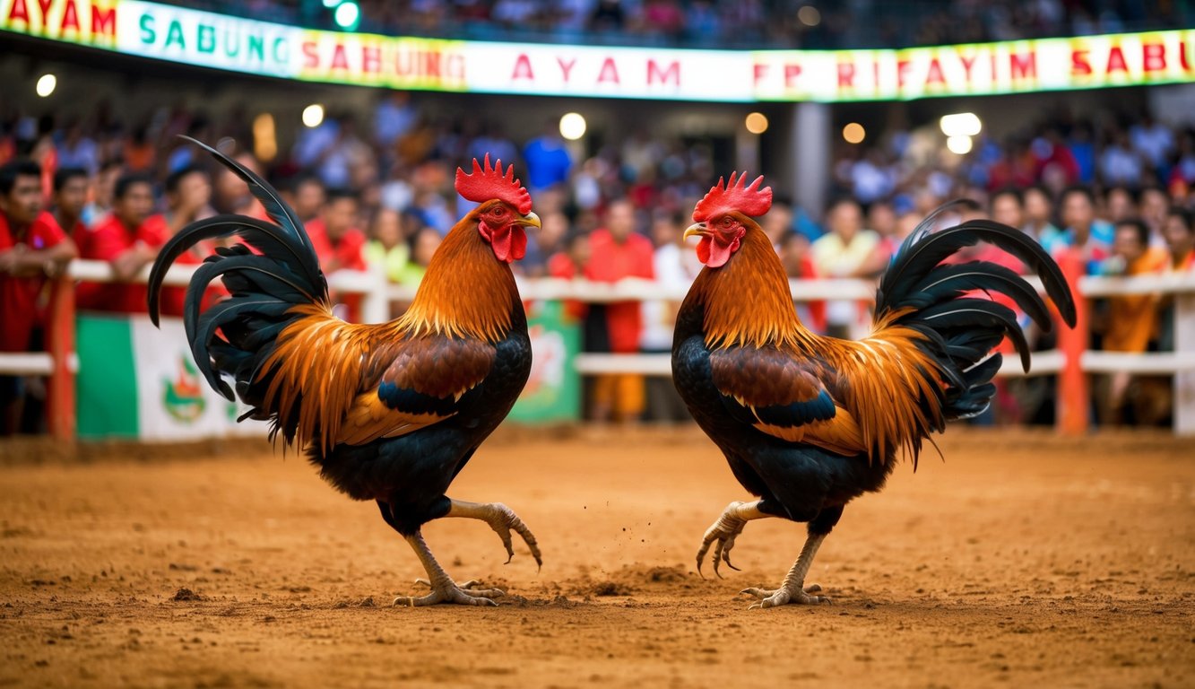 Sebuah arena yang ramai dengan dua ayam jantan yang saling berhadapan dalam pertandingan sabung ayam yang panas, dikelilingi oleh penonton yang antusias.