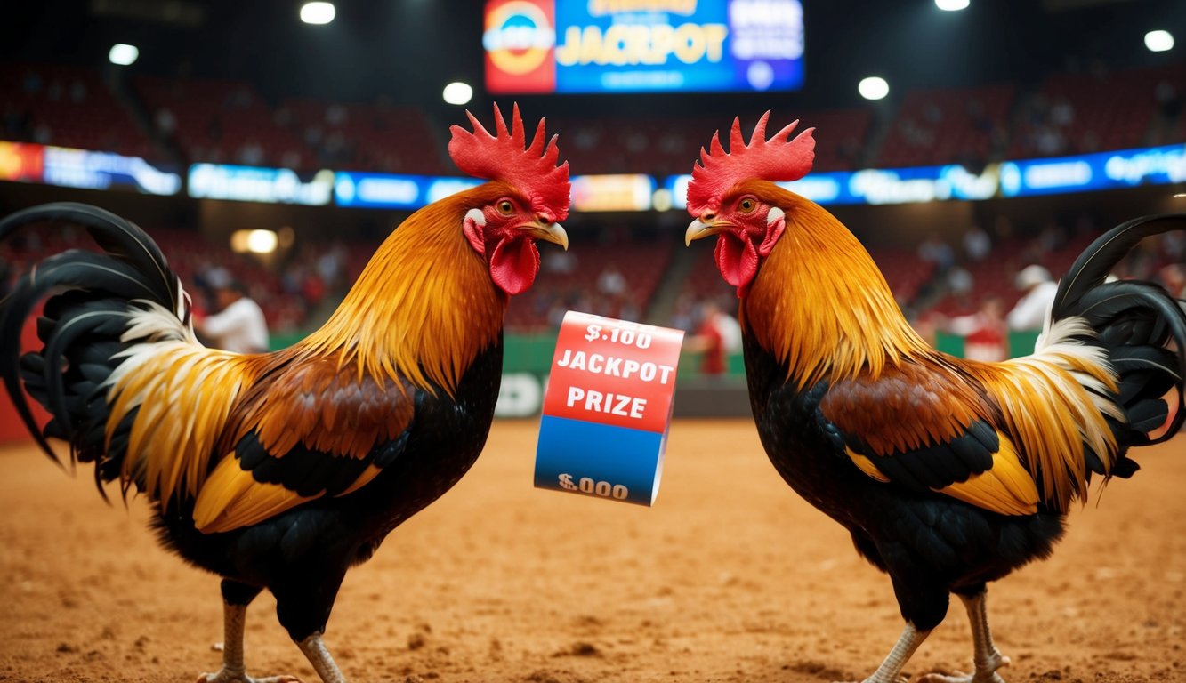 Dua ayam jantan saling berhadapan di arena sabung ayam online yang ramai, dengan hadiah jackpot ditampilkan secara mencolok