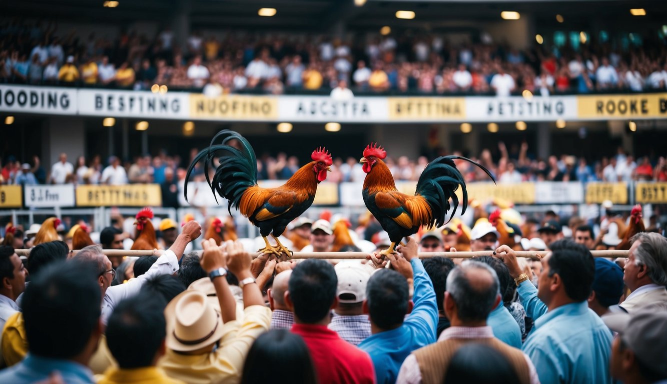 Sebuah arena luar ruangan yang ramai dengan dua ayam jantan bertarung dikelilingi oleh penonton yang bersorak dan tempat taruhan