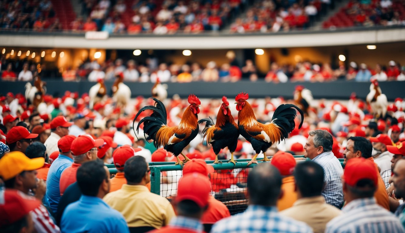 Sebuah arena yang ramai dengan ayam jantan bertarung, dikelilingi oleh penonton yang antusias