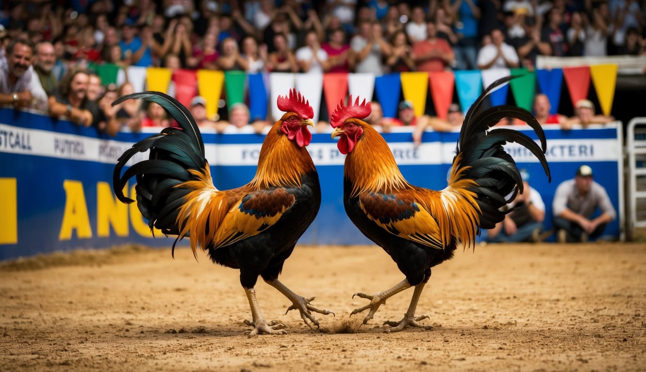 Sebuah arena yang ramai dengan dua ayam jantan yang bertarung sengit di tengah, dikelilingi oleh penonton yang bersorak dan spanduk berwarna-warni