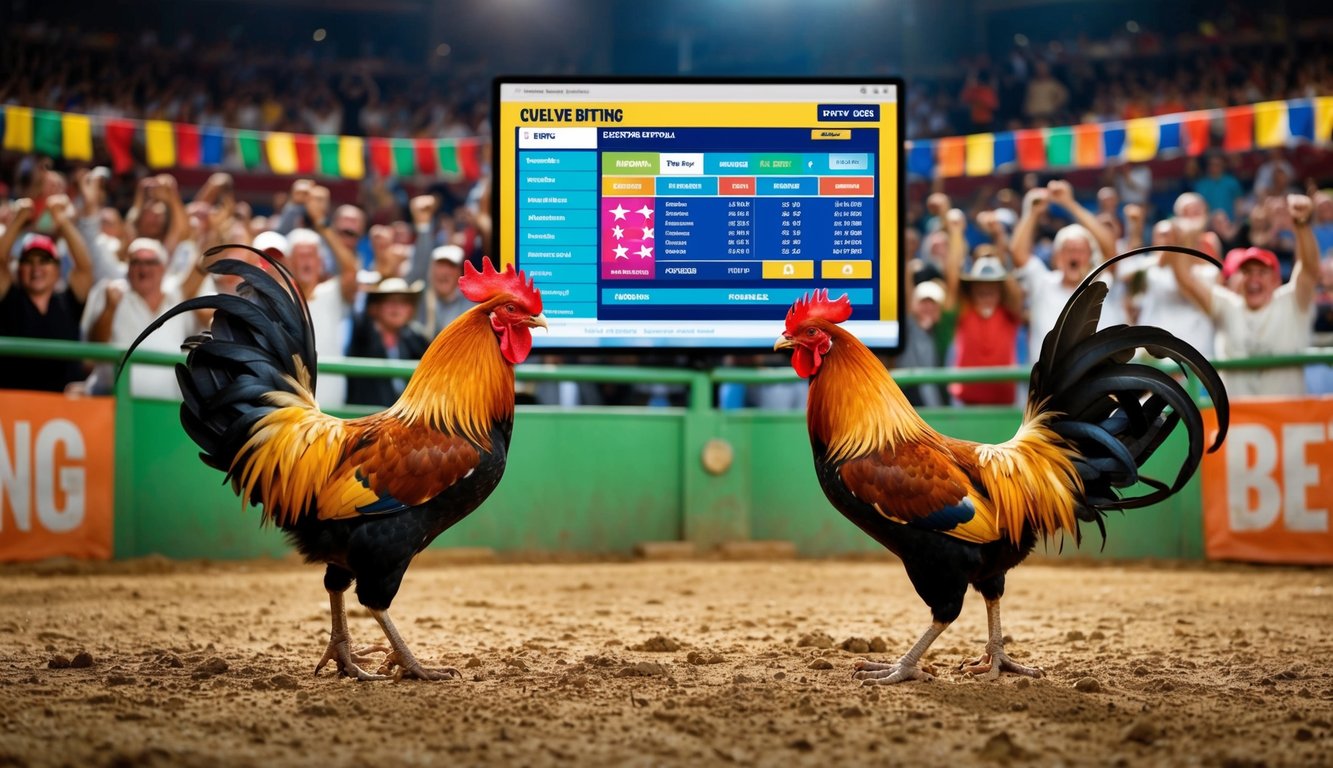 Ayam jantan bertarung di arena yang ramai, dikelilingi oleh penonton yang bersorak dan spanduk berwarna-warni. Sebuah layar digital besar menampilkan platform taruhan online.