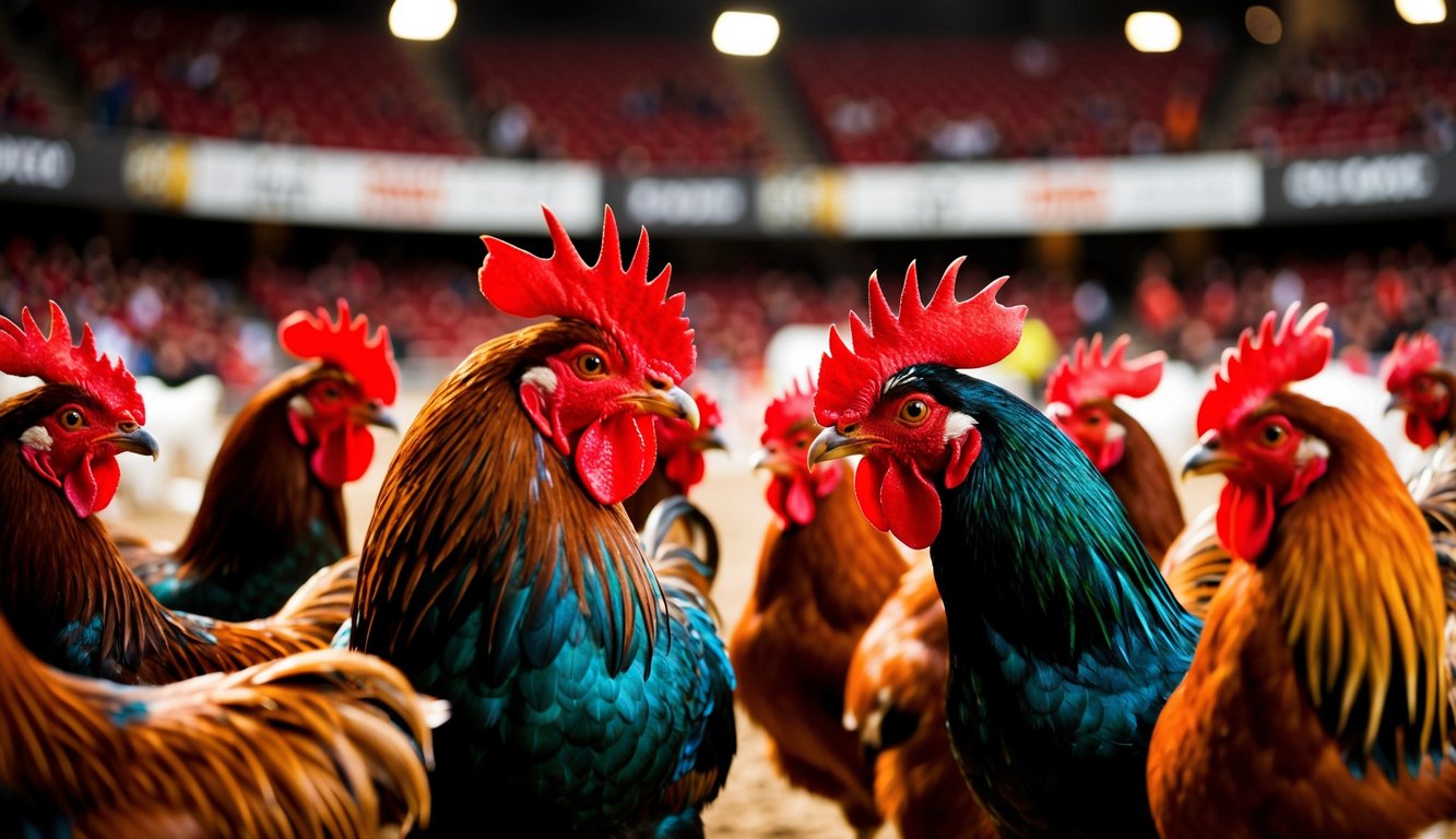 Sekelompok ayam jantan yang saling berhadapan di arena sabung ayam online yang ramai