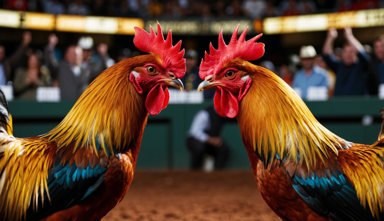 Dua ayam jantan berhadapan di arena sabung ayam online yang ramai, dengan penonton memasang taruhan dan bersorak di latar belakang